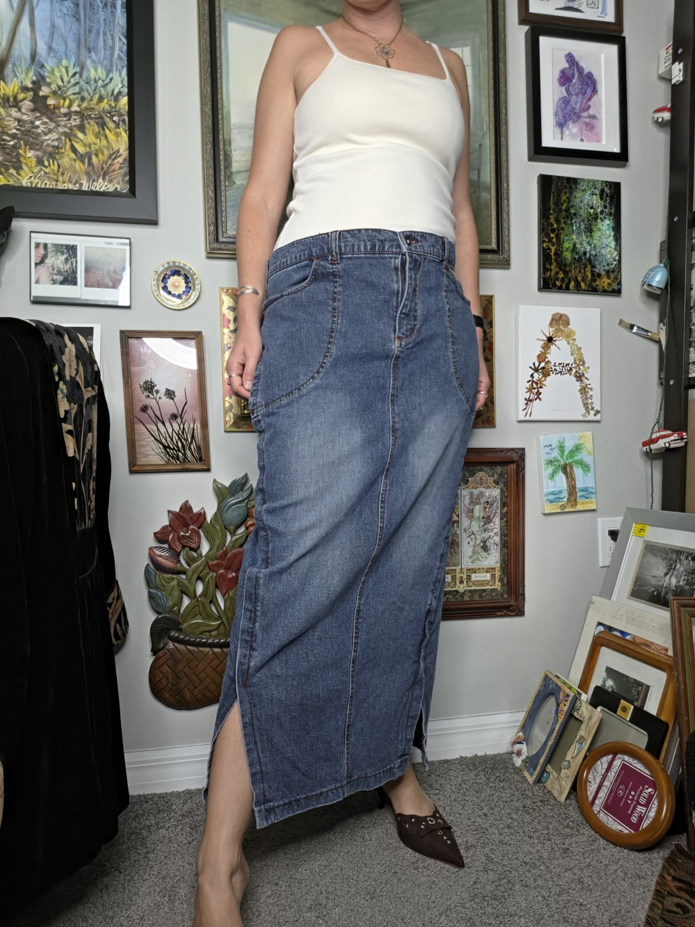 Defuze Y2K Blue Denim Maxi Skirt w/ side slits + pockets Stretchy Size 16